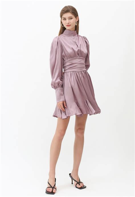 High Neck Puff Sleeves Satin Ruffle Dress In Lilac Retro Indie And