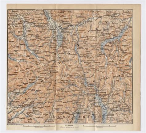 1890 Original Antique Map Of Lake District Cumberland Westmorland