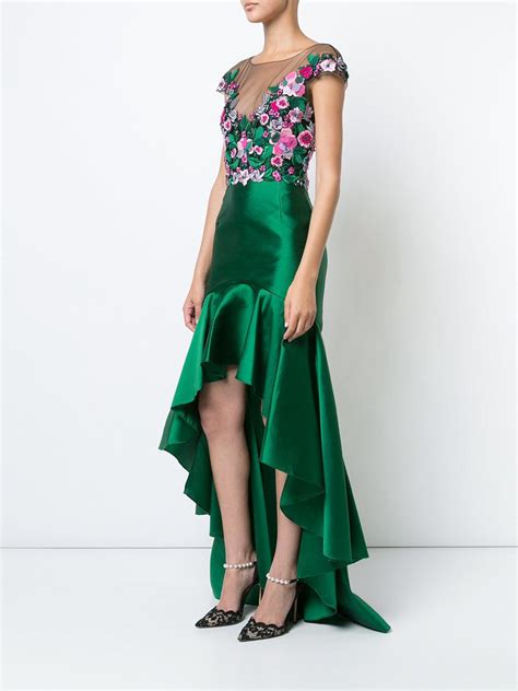 Marchesa Notte Silk Embroidered Floral High Low Gown In Green Lyst