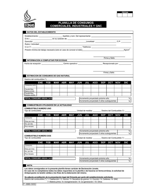 Planilla De Consumos Comerciales Industriales Y Gnc
