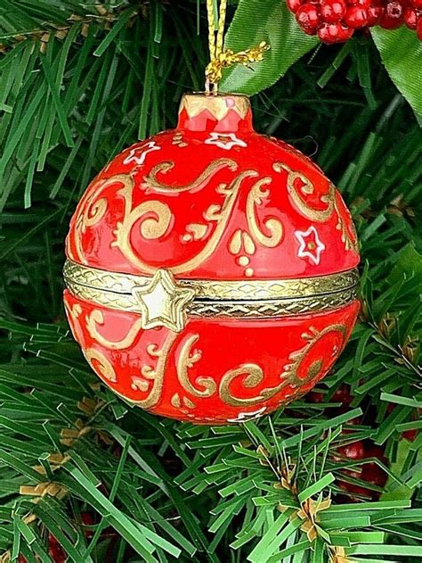 Floral Swirl Red And Gold Ball Porcelain Hinged Trinket Box Christmas