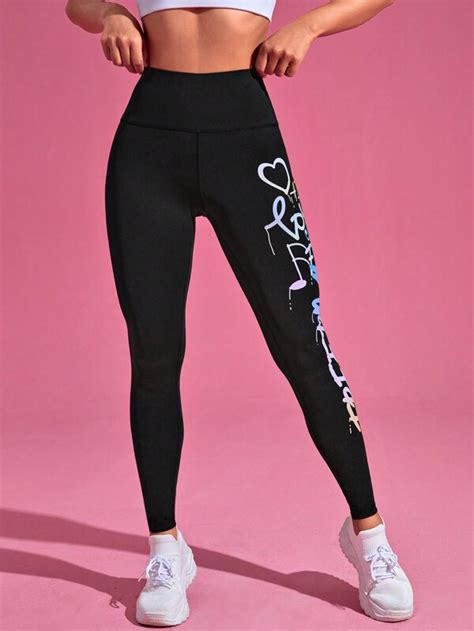 Letter Figure Graphic Wideband Waist Sports Leggings Shein Usa