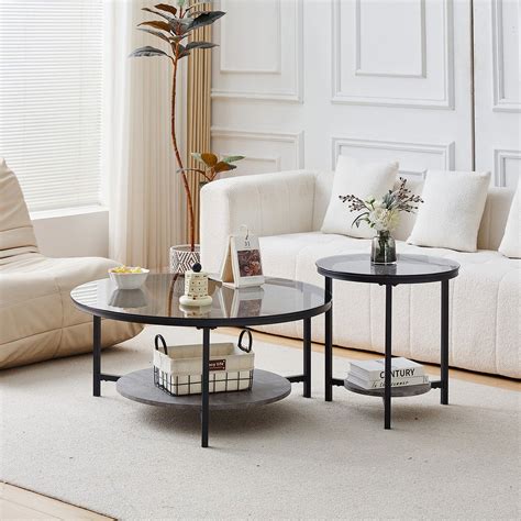 Clipop Glass Coffee Table Set Of 2 2 Tier Round Glass Table For Living Roomblack