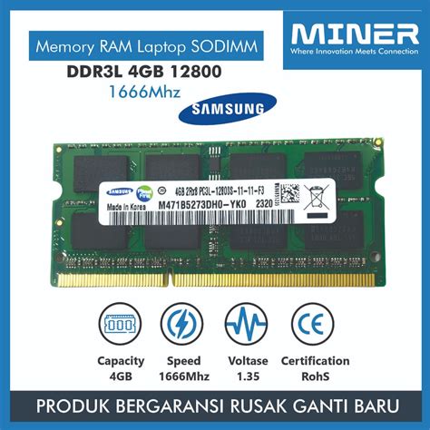 Jual MINER Memory RAM Laptop Samsung Sodimm DDR3L 4GB PC12800 1666Mhz