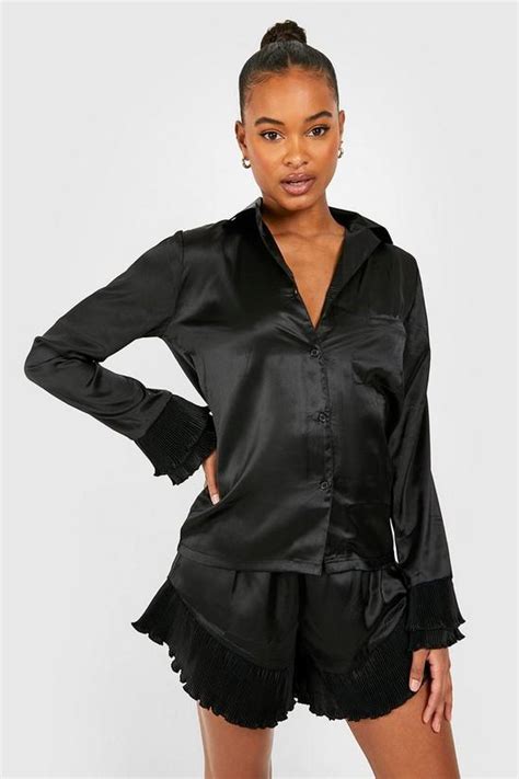 Nightwear Tall Pleated Frill Satin Shirt And Short Pj Set Boohoo