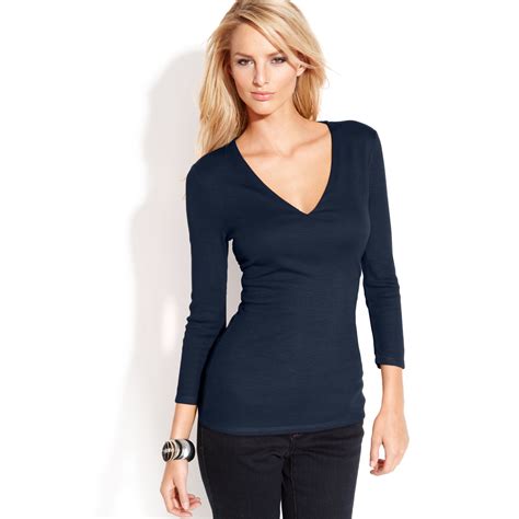 Inc International Concepts Petite Ribbed Knit V Neck Top In Blue Lyst