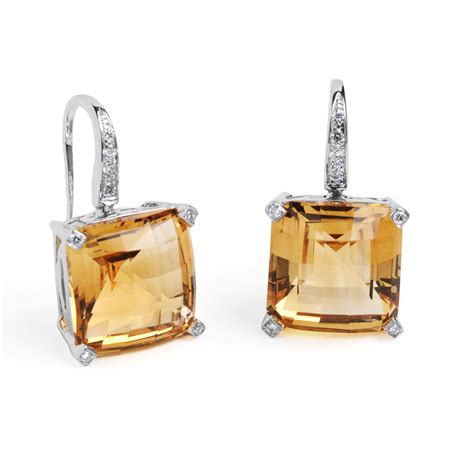 Ct White Gold Square Citrine Diamond Drop Earrings John Start