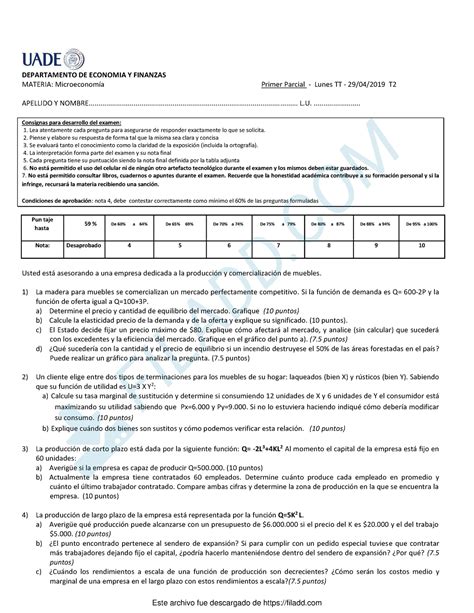 Primer Parcial T Departamento De Economia Y Finanzas Materia