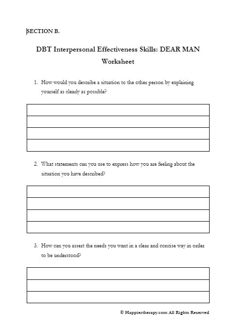 DBT Interpersonal Effectiveness Skills DEAR MAN Worksheet