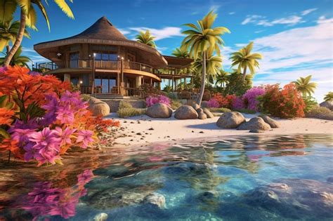 Premium Ai Image A Tropical Island With A House And Palm Trees