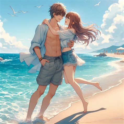 A Handsome Anime Man and a Beautiful Anime Girl at Beach with Love, Hug at Sea on Sand, Summer ...