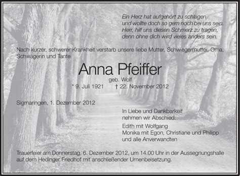 Traueranzeigen Von Anna Pfeiffer Schwaebische De Trauerportal