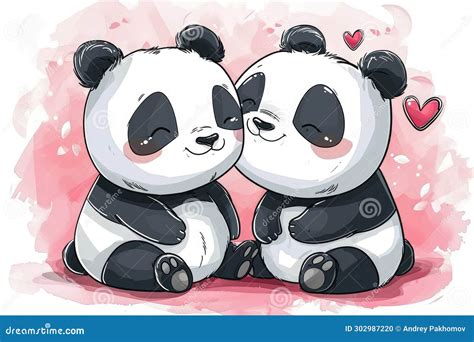 Two Adorable Cartoon Pandas Embracing In A Tender Hug With Hearts