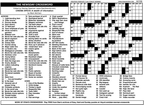 Newsday Crossword Sunday For Dec By Stanley Newman Creators