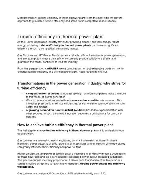 Turbine Efficiency in Thermal Power Plant | PDF | Power Station | Gas ...