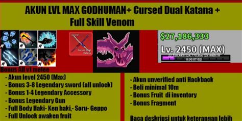 Beli Akun Akun Blox Fruit Lvl Max Godhuman Cursed Dual Katana Full