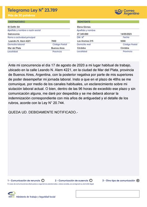 Telegrama De Despido Indirecto Telegrama Ley N º 23 Destinatario Remitente Apellido Y Nombre