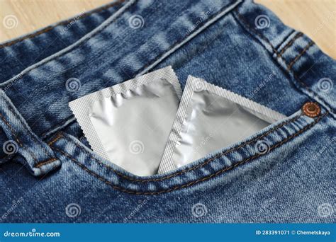 Packaged Condoms In Jeans Pocket Closeup Safe Sex Stock Image Image