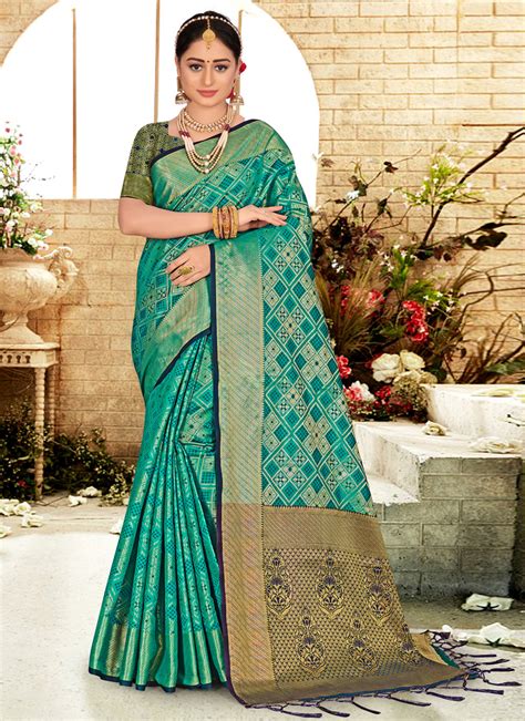 Shop Online Silk Firozi Weaving Designer Traditional Saree