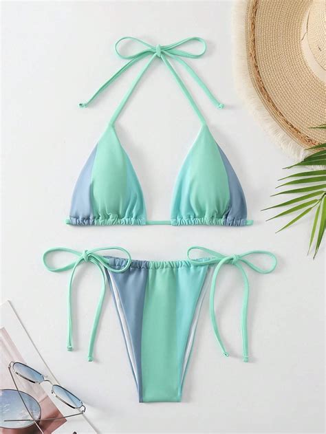 Women S Colorblock Triangle Cup Tie Knot Side Bikini Swimsuit Set