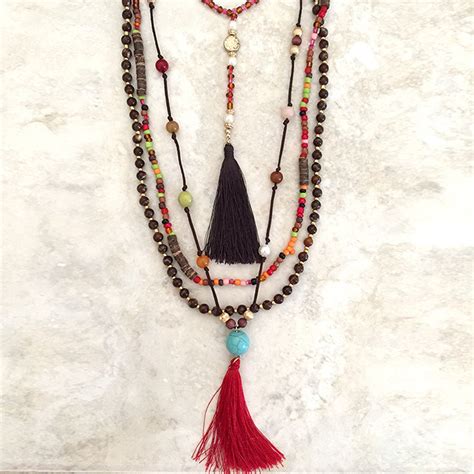 Multi Layer Bohemian Beaded Tassel Necklace In Fall Earthy Colors Beaded Tassel Necklace