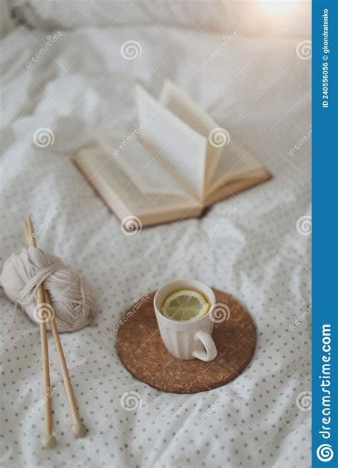 Cozy Still Life Interior Details With A Book Tea Cup And Knitting