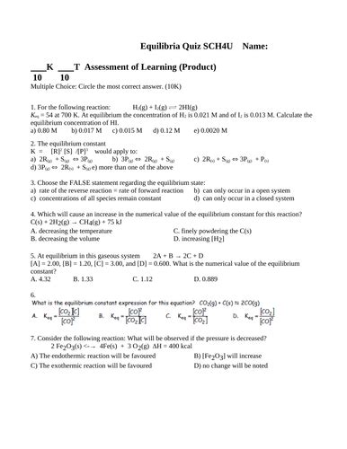 5 Assessments Equilibria Tests Equilibria Quiz Grade 12 Chemistry Test