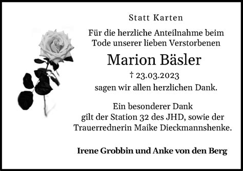 Traueranzeigen von Marion Bäsler noz Trauerportal