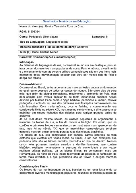 Seminário de educação Faculdade Seminários Temáticos em Educação Nome