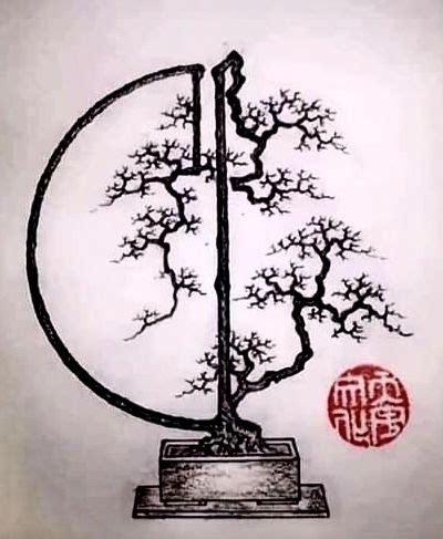 A Drawing Of A Bonsai Tree With A Red Circle In The Middle On A White