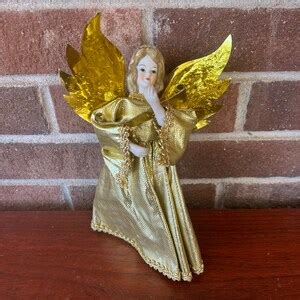 Vintage Porcelain Angel Tree Topper With Gold Dress and Wings Holding a ...