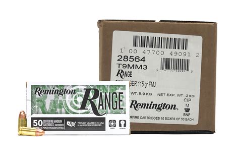 Remington Range 9mm 115 Grain Full Metal Jacket 500 Round Case T9mm3 Bereli Inc