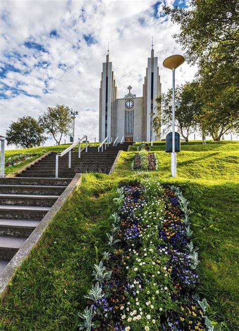 Akureyrarkirkja Church Viewed from Kirkjutroppurnar Walk Steps in ...