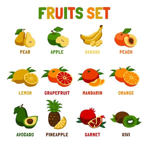 Pack De Coloridas Frutas Dibujadas A Mano Con Rodajas Y Hojas Vector