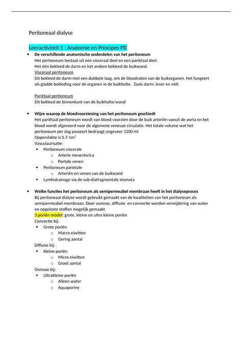 Samenvatting Toets Peritoneaal Dialyse Peritoneaal Dialyse Stuvia NL