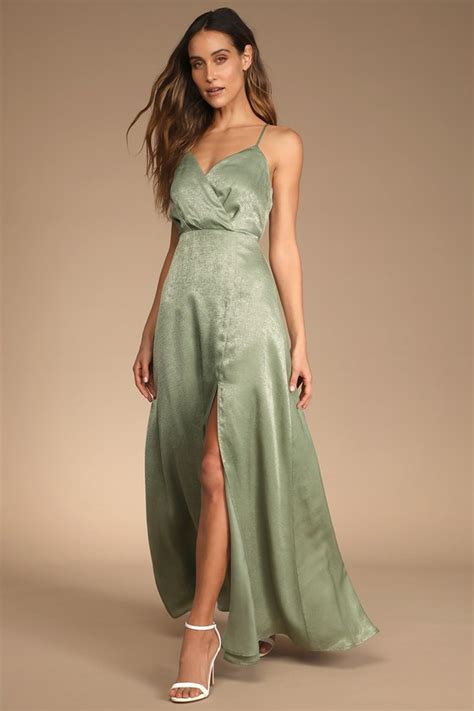 Dusty Sage Green Maxi Dress Satin Maxi Dress Surplice Dress Lulus