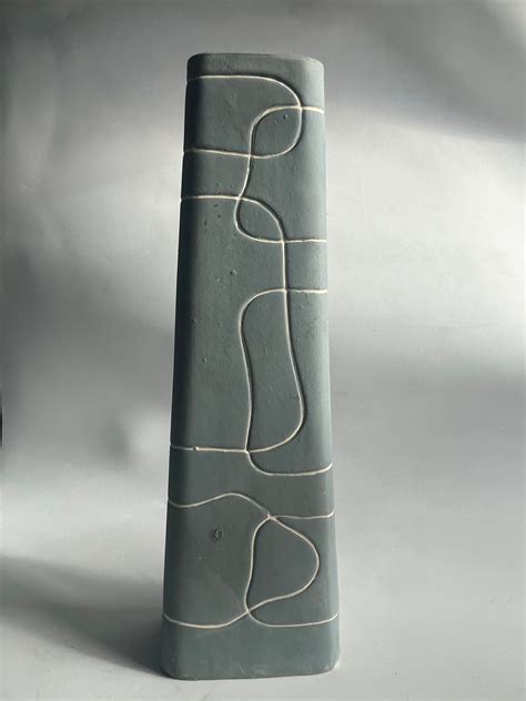 Vintage Postmodern S S Tall Blue Gray Ceramic Scribble Squiggle