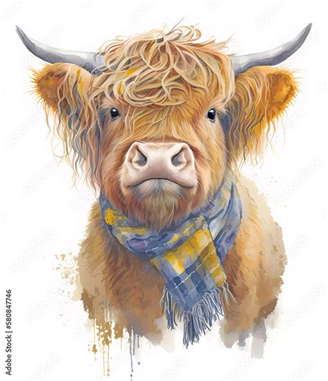 Watercolor Highland Cow With Yellow Bandana Painting Realistic Wild