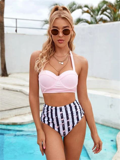 Дамски бански с фламинго Random Flamingo Print Push Up Bikini Swimsuit