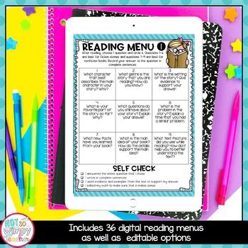 Reading Response Menus Digital And Printable EDITABLE By Not So Wimpy