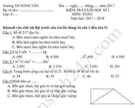 Đề kiểm tra cuối kì 1 lớp 4 môn Toán TH Minh Tân năm 2017 2018