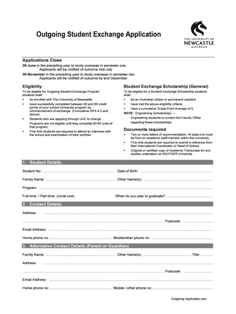 Fillable Online Newcastle Edu Outgoing Student Exchange Application