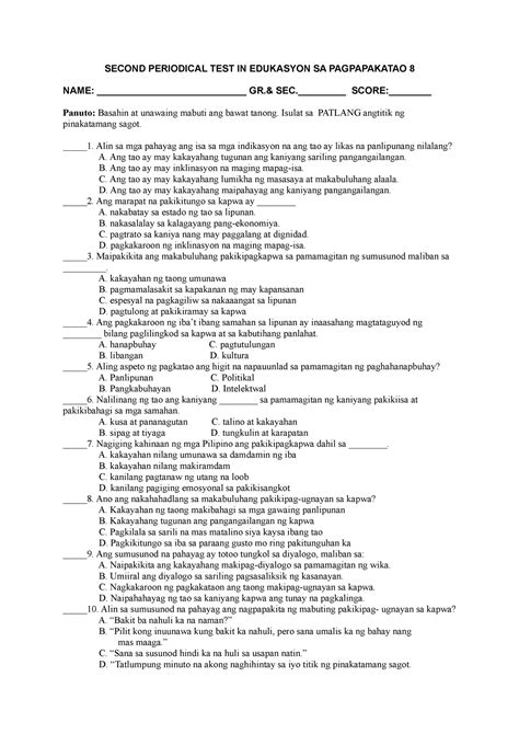 Second Quarter Periodical Test Grade Esp Questionnaire Second