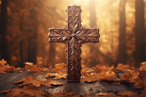 Wooden Christian cross on autumn leaves background | Premium AI ...