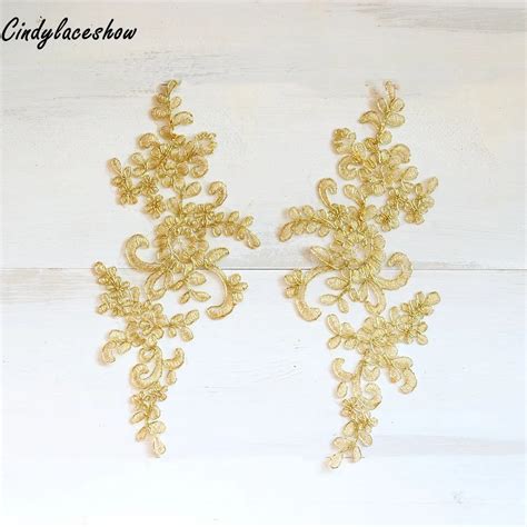 2Pairs Gold Lace Applique For Wedding Dress Embroidery Corded Lace ...