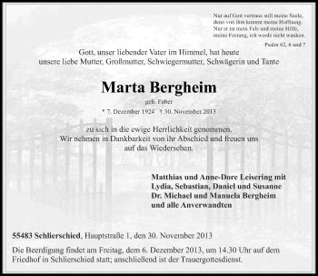 Traueranzeigen Von Marta Bergheim Rz Trauer De