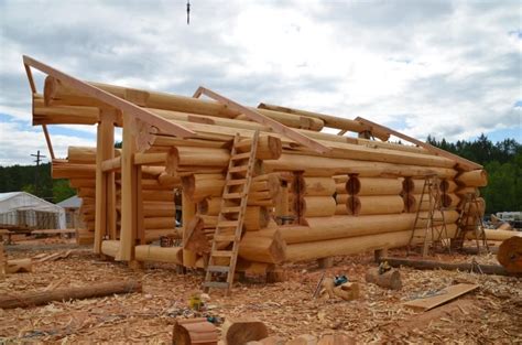 a large log house being built on top of wood shavings in the woods