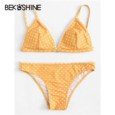 BEKOSHINE S XL Yellow Bikini Set Dot Swimwear Solid Women 2018 New Pad