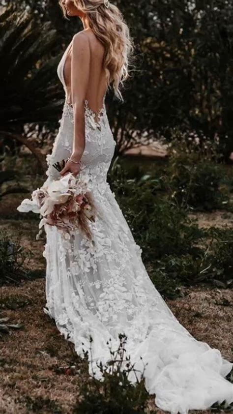 Mermaid Backless Wedding Dress Lace Applique Rustic Bridal Gown Beach