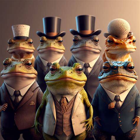 Ai Generated Illustration Of Frogs Wearing Suits And Hats Stock